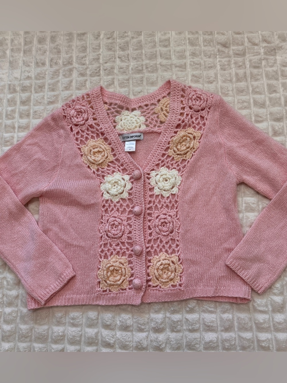 Cotton Emporium Medium Pink Crochet Floral V-Neck Sweater Cardigan Coquette